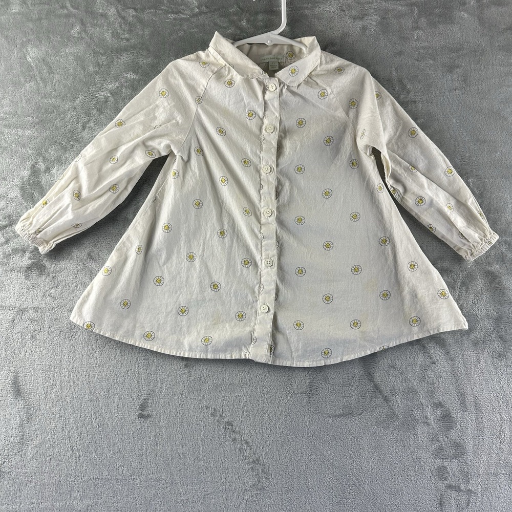 Margherita Button Up Top Girls' 4 Off White Long Sleeve Smiling Daisy Print